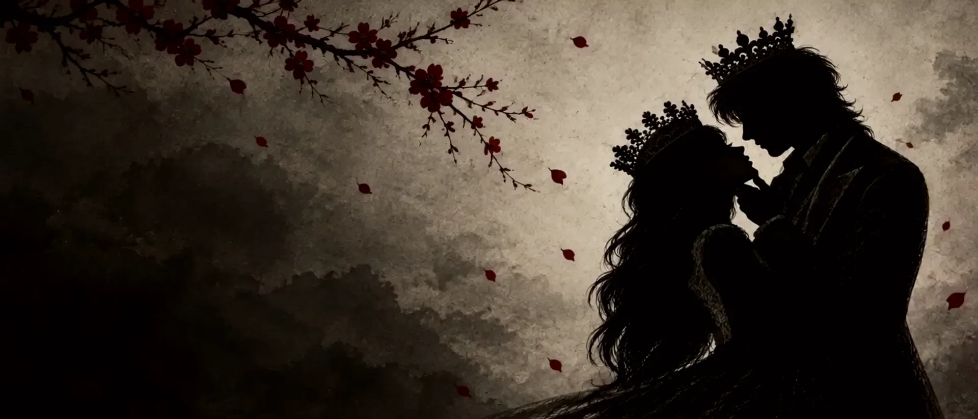 A crowned pair beneath dark red blossoms against a parchment sky.